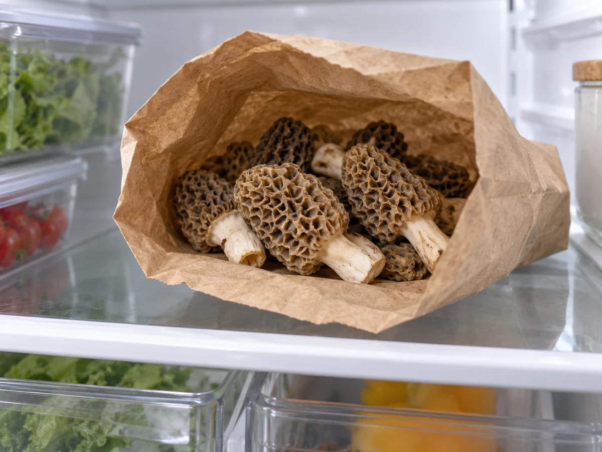 Fresh morels in a loosely open paper bag on a refrigerator shelf