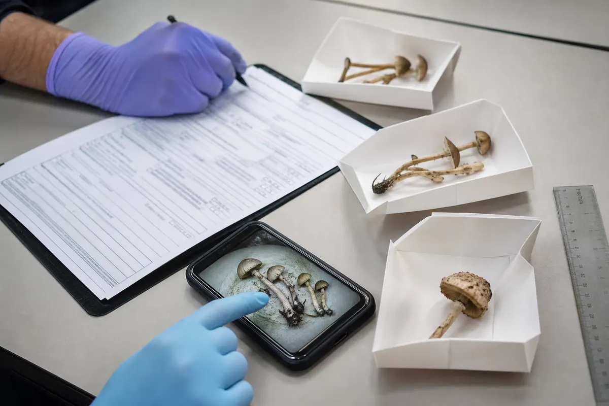 Hands documenting meal time, wet symptoms, pulse, and separate mushroom specimens for poison-center handoff