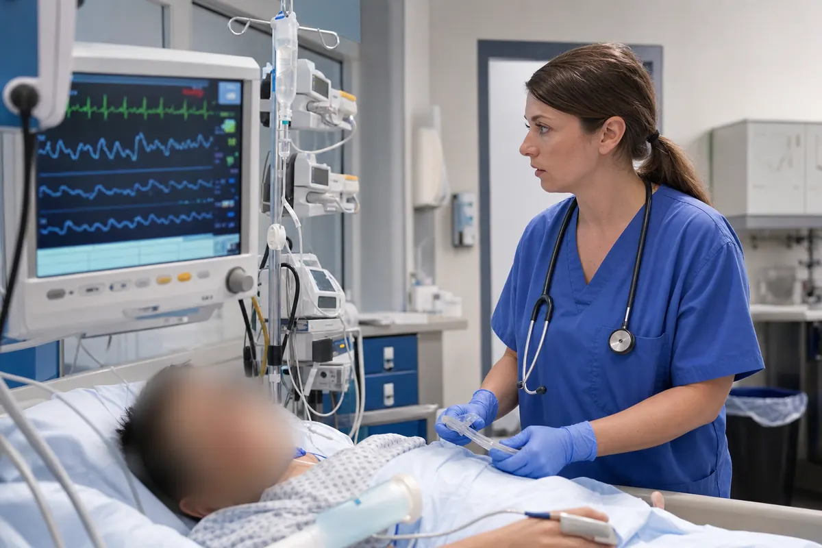 Emergency clinician monitoring airway secretions, oxygen, heart rhythm, and intravenous fluids in a staged teaching scene