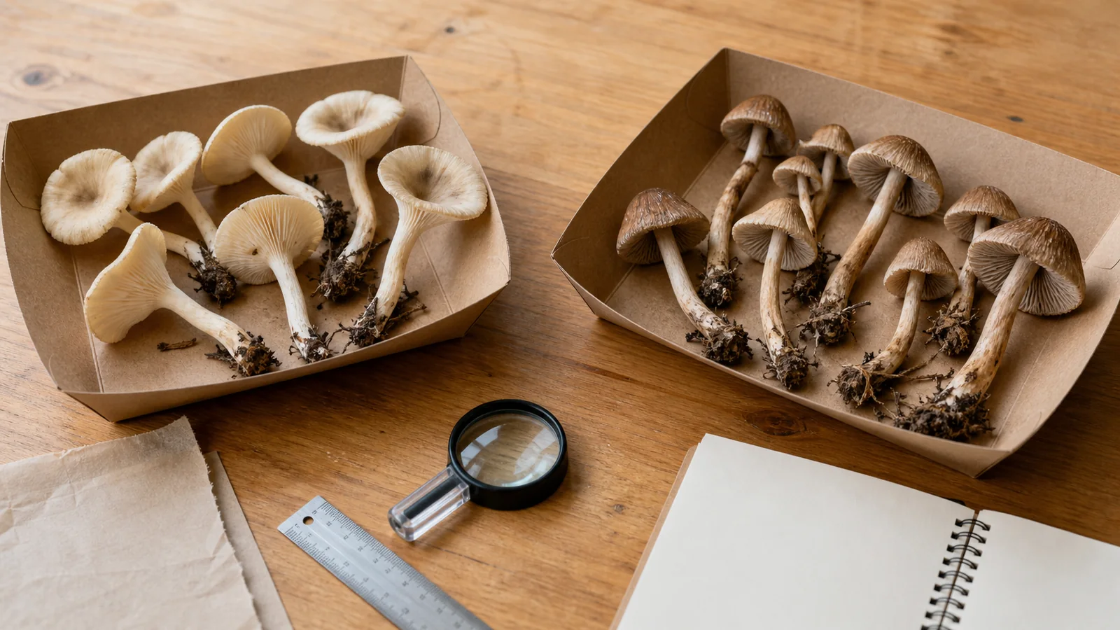 Pale funnel mushrooms and brown fibercap specimens separated in paper trays for safety review - muscarine poisoning | KnowTheSpore