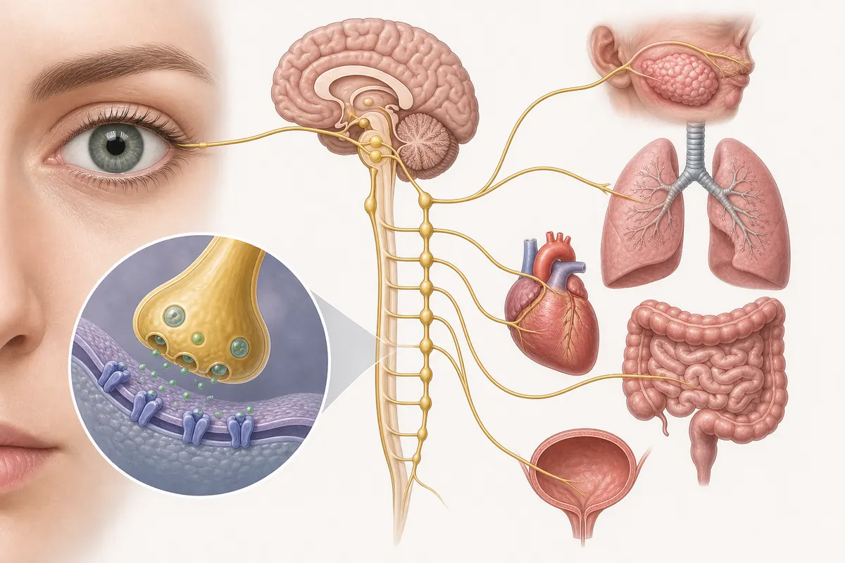 Medical teaching illustration linking peripheral muscarinic signaling with eyes, salivary glands, lungs, heart, intestine, and bladder