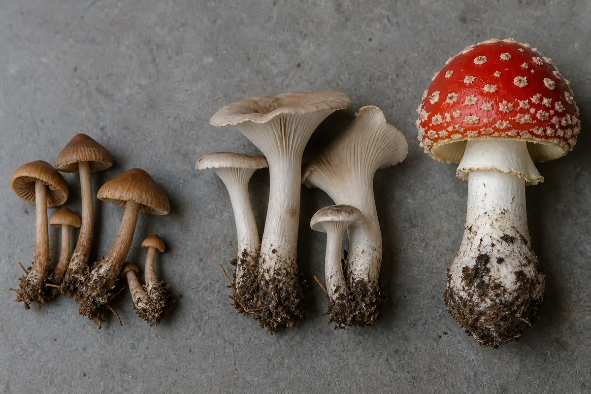 Small fibrous Inocybe-like and pale funnel-shaped Clitocybe-like mushrooms beside a fly agaric at a common scale