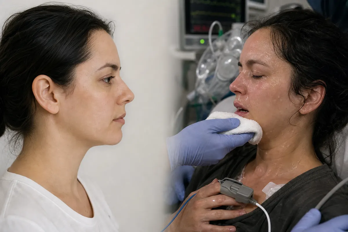 Side-by-side clinical teaching scene contrasting a dry comfortable face with sweating, tearing, saliva, and respiratory monitoring after mushroom exposure