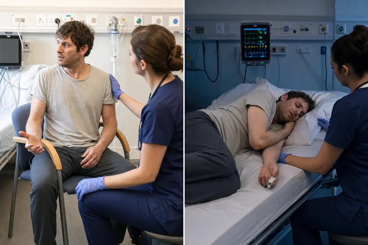 Clinical teaching scene showing one monitored patient in an agitated state and another deeply drowsy after Amanita exposure