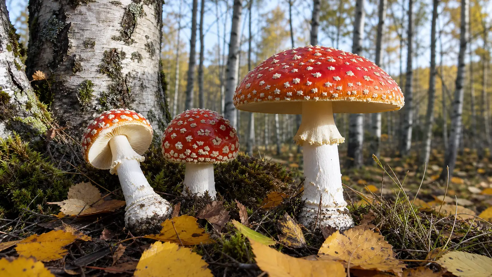 Red fly agaric mushrooms with white cap warts growing beneath birch trees - muscimol and ibotenic acid | KnowTheSpore