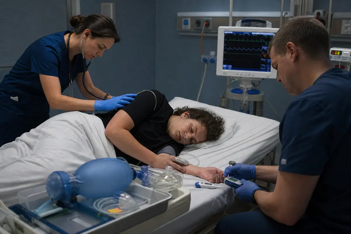 Emergency team observing breathing, temperature, glucose, and neurological state in a calm low-stimulation room
