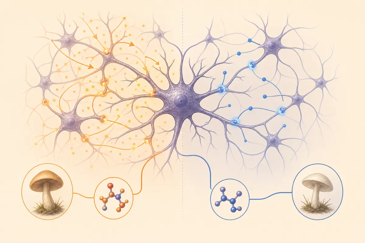 Medical illustration contrasting excitatory glutamate signaling with inhibitory GABA signaling in the brain