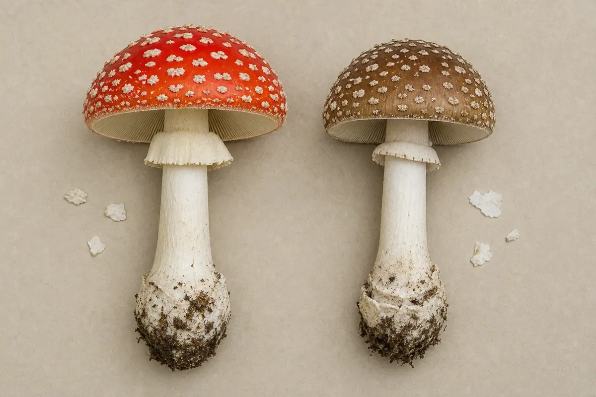 Complete fly agaric and panther cap specimens shown from cap, gills, stem, and bulbous base at the same scale