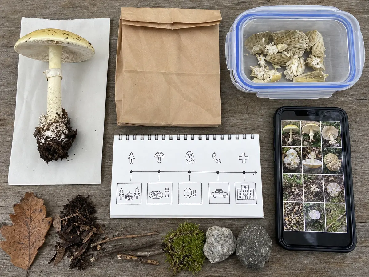 Complete raw specimens, cooked leftovers, collection photographs, and paper storage arranged as an evidence kit