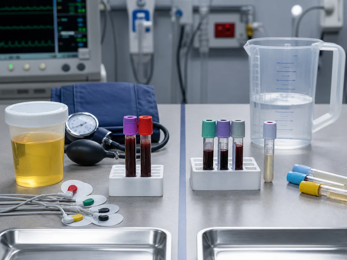 Urine specimen, muscle and kidney blood tubes, ECG leads, and fluid balance tools
