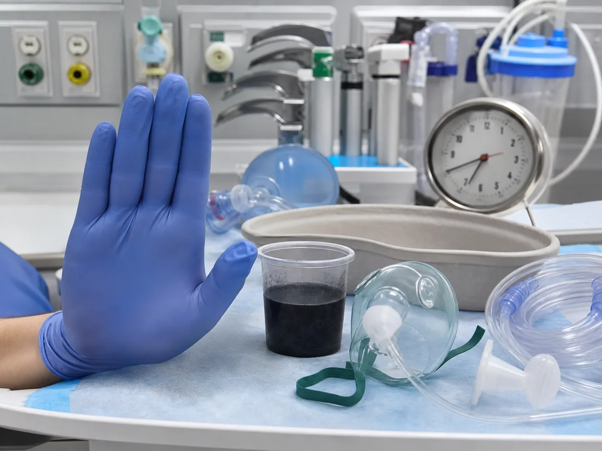 Hospital charcoal preparation held behind airway and timing assessment equipment