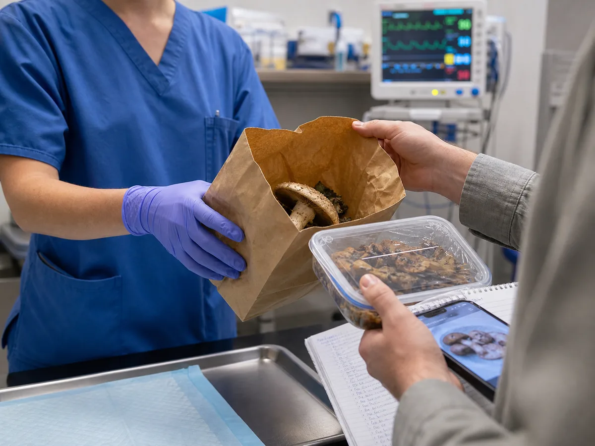 Sealed mushroom specimen, exposure timeline, clinician hands, and hospital monitoring equipment
