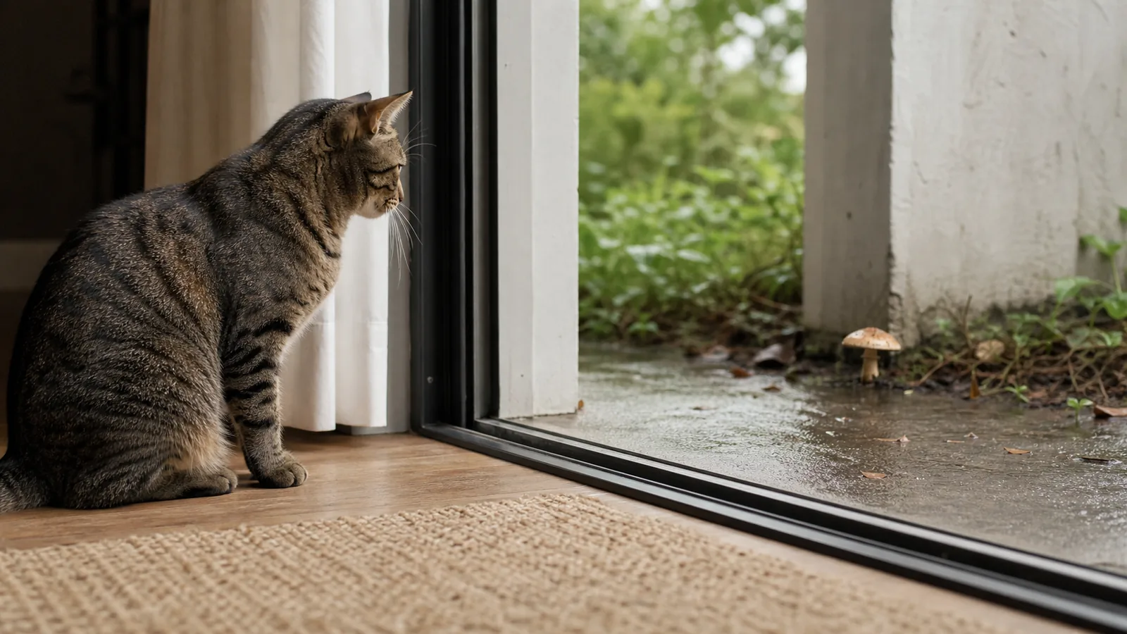 Alert indoor cat kept away from an unidentified mushroom near an open patio door