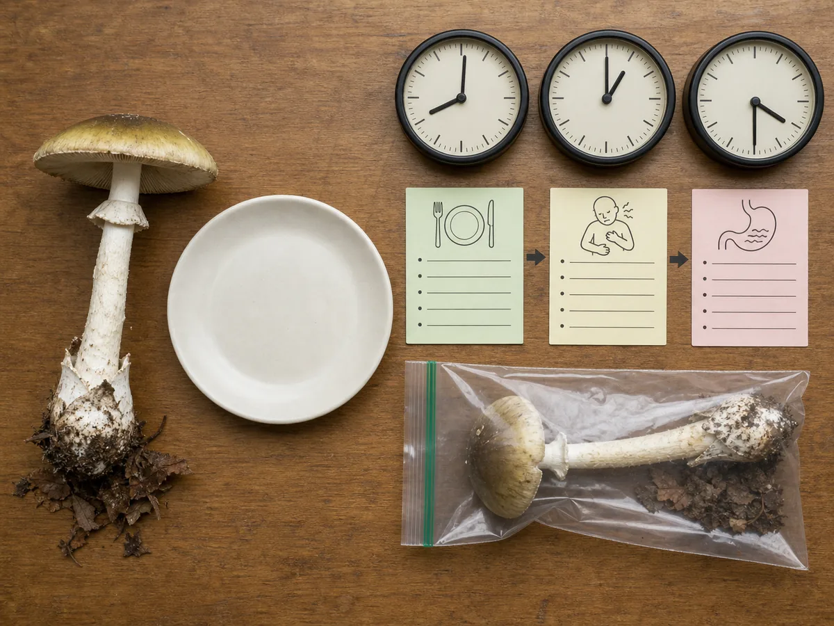 Intact wild mushroom specimen beside separate meal and symptom clocks with exposure notes