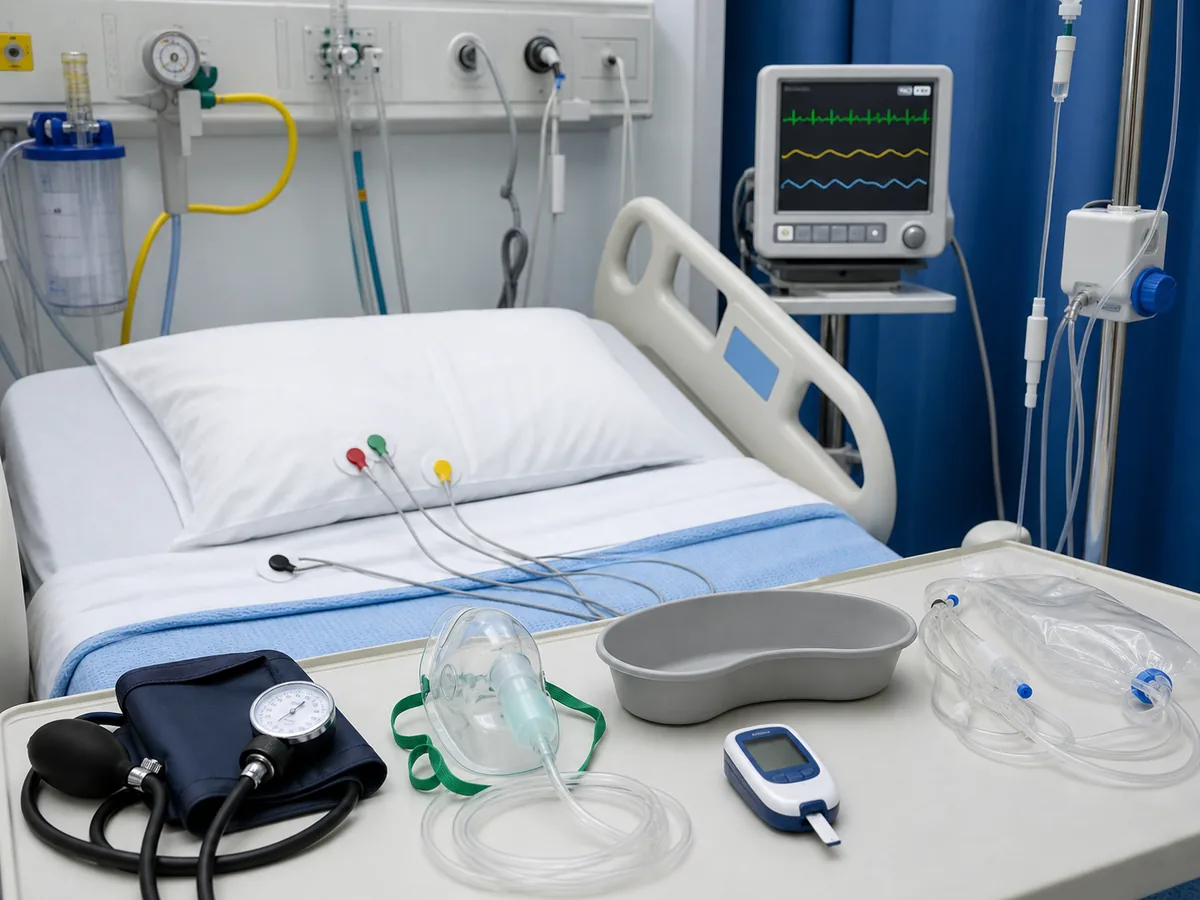 Oxygen, suction, IV supplies, and cardiac monitoring prepared at a hospital bedside