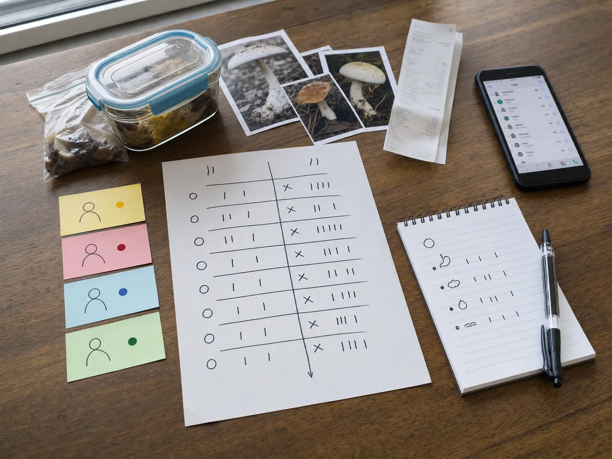 Separate meal entries, phone history, leftovers, and symptom notes arranged on a table