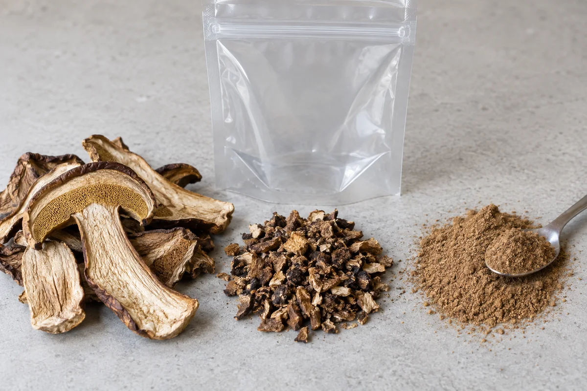 Large dried bolete slices with visible cap and pore layer beside a pile of dark broken fragments and a heap of brown mushroom powder