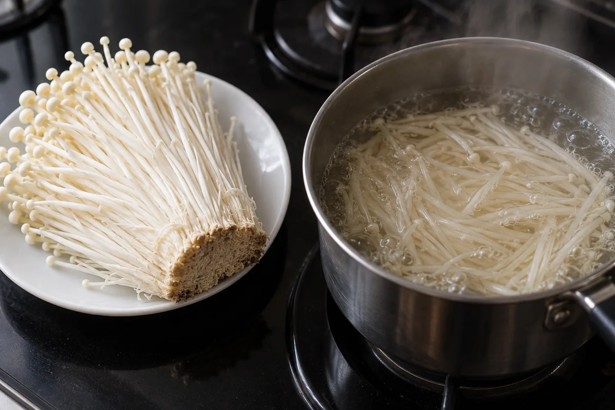 A stiff white bundle of raw enoki with its root base on a plate beside separated, limp enoki strands boiling in a steel pot