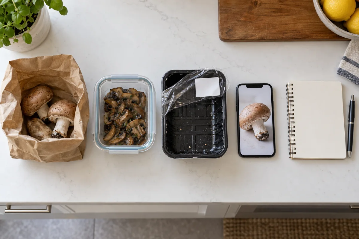 A paper bag of whole uncooked mushrooms, a lidded container of cooked leftovers, the empty produce tray, a phone showing a mushroom photo, and a notebook laid out on a counter