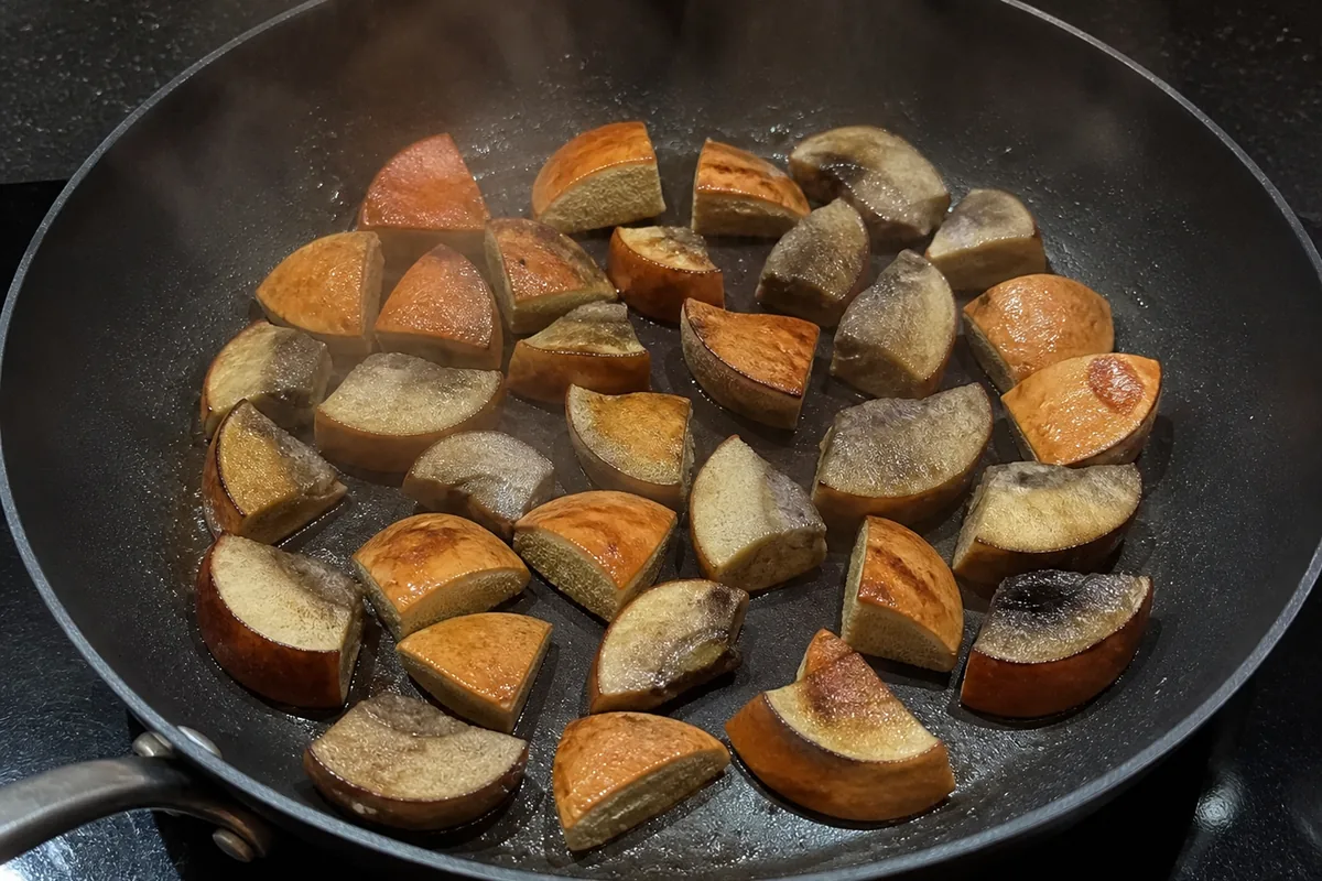 Even orange birch bolete slices receiving sustained heat in an uncovered skillet - 15 minute orange birch bolete cooking rule