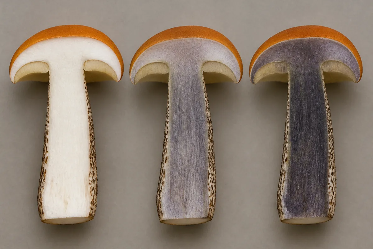 Fresh, gray-violet, and dark stages in matched orange birch bolete cross-sections - orange birch bolete blackening after cutting