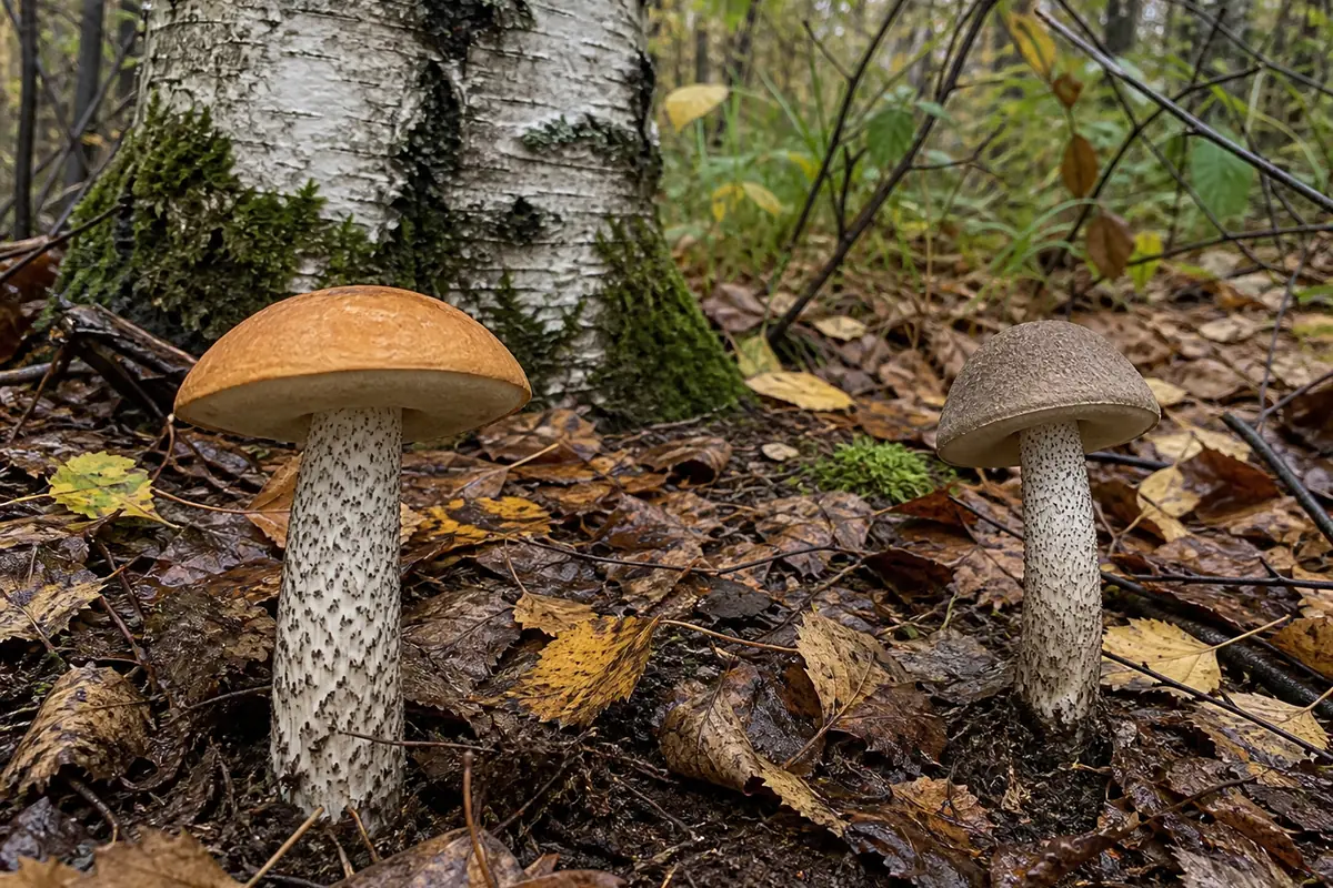 Orange birch bolete and brown birch bolete growing separately in leaf litter beneath birch - orange and brown birch bolete comparison