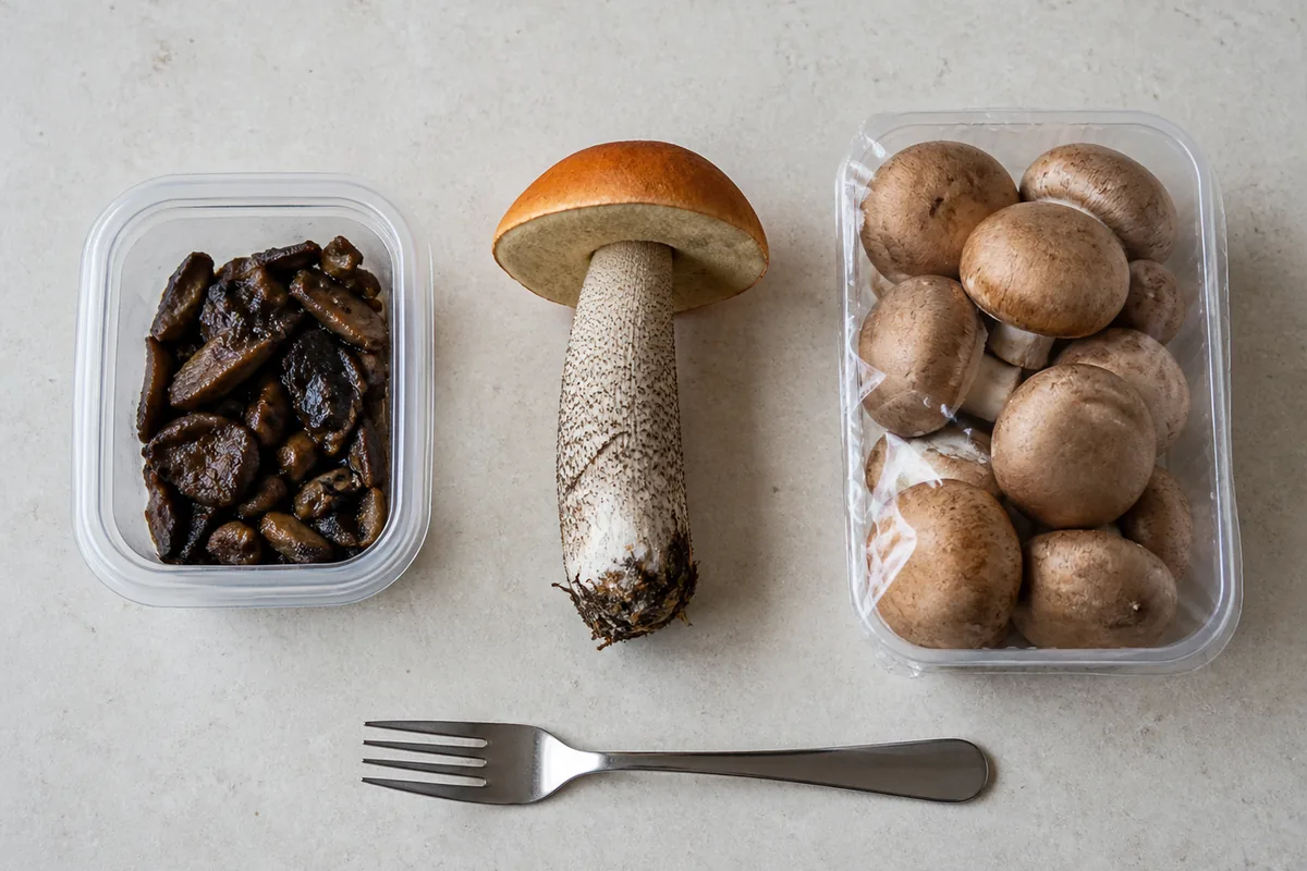Saved cooked mushroom portion, one intact specimen, and a sealed cultivated mushroom tray beside a dinner fork - evidence after orange birch bolete exposure