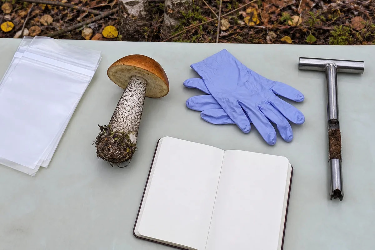 Orange birch bolete beside clean sample bags, gloves, a soil corer, and a blank field notebook - wild mushroom collection site sampling