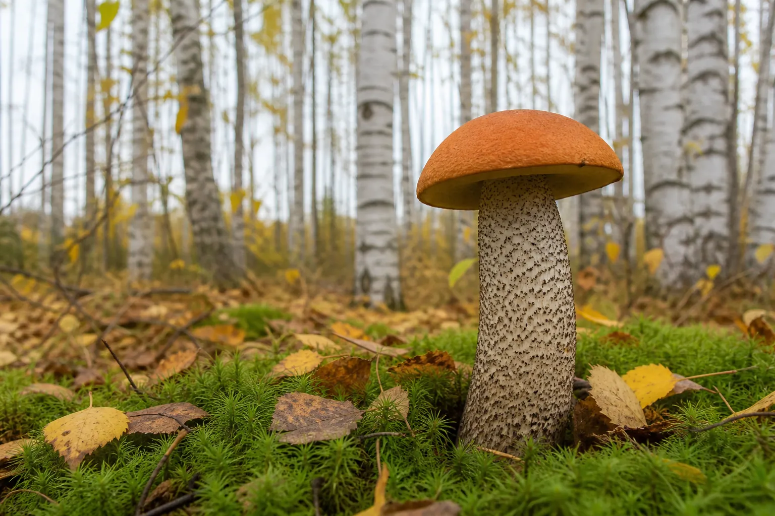An orange birch bolete standing in moss among fallen birch leaves with white birch trunks blurred behind