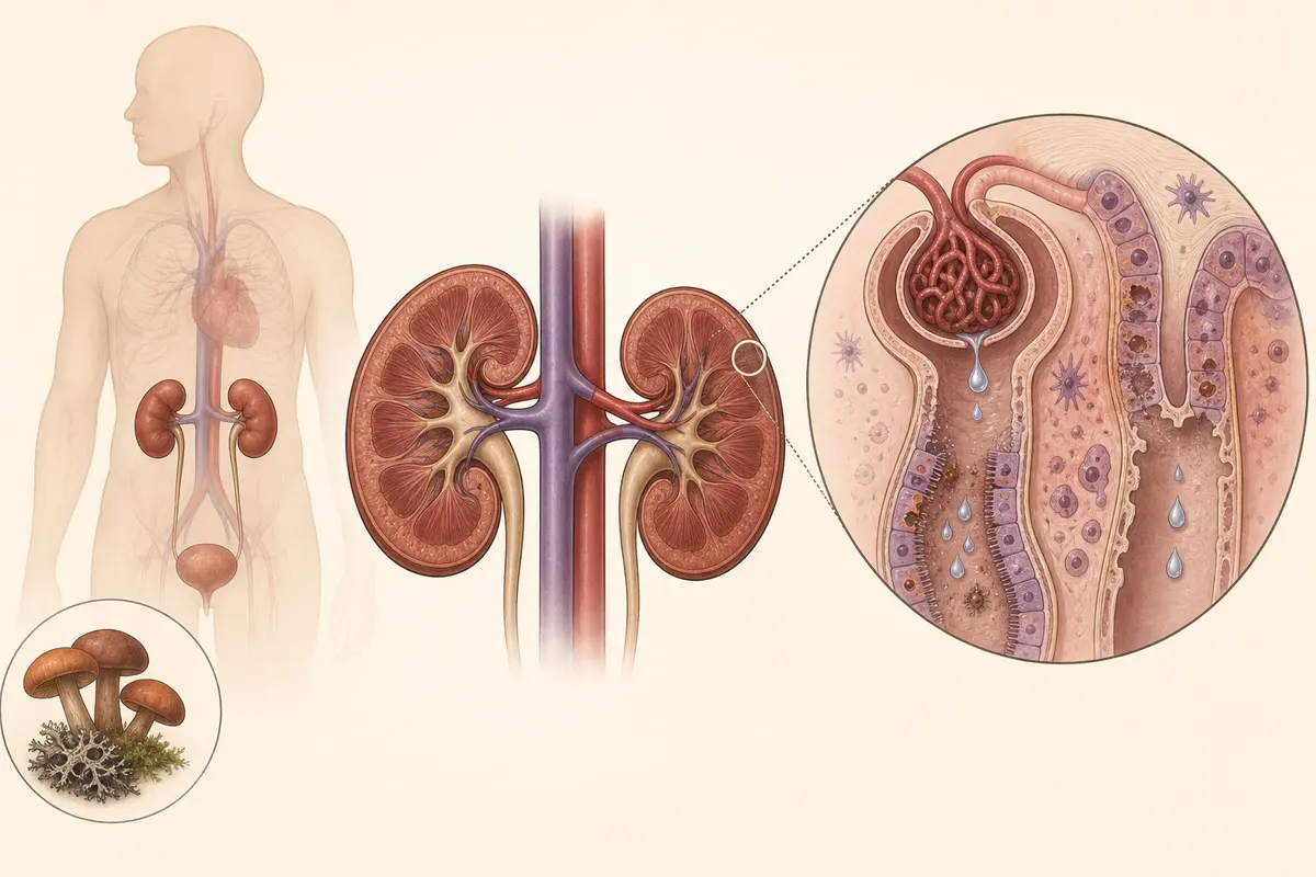Medical illustration tracing absorbed orellanine to renal tubules and declining filtration without showing drug treatment