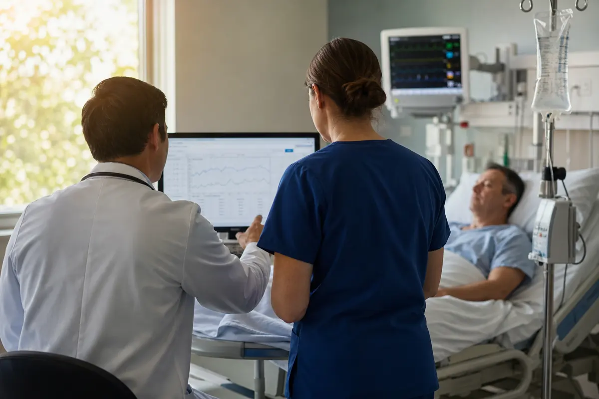 Nephrology team reviewing kidney laboratory trends and fluid balance beside a monitored hospital patient