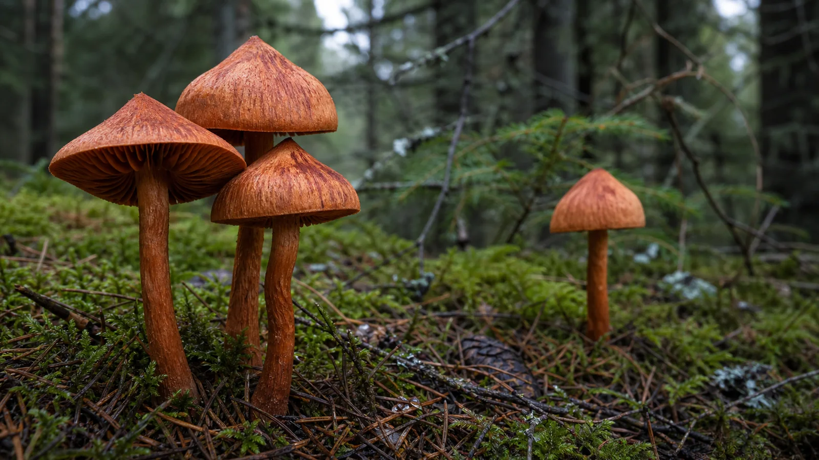 Rusty orange deadly webcap mushrooms growing among moss and spruce needles - orellanine poisoning | KnowTheSpore