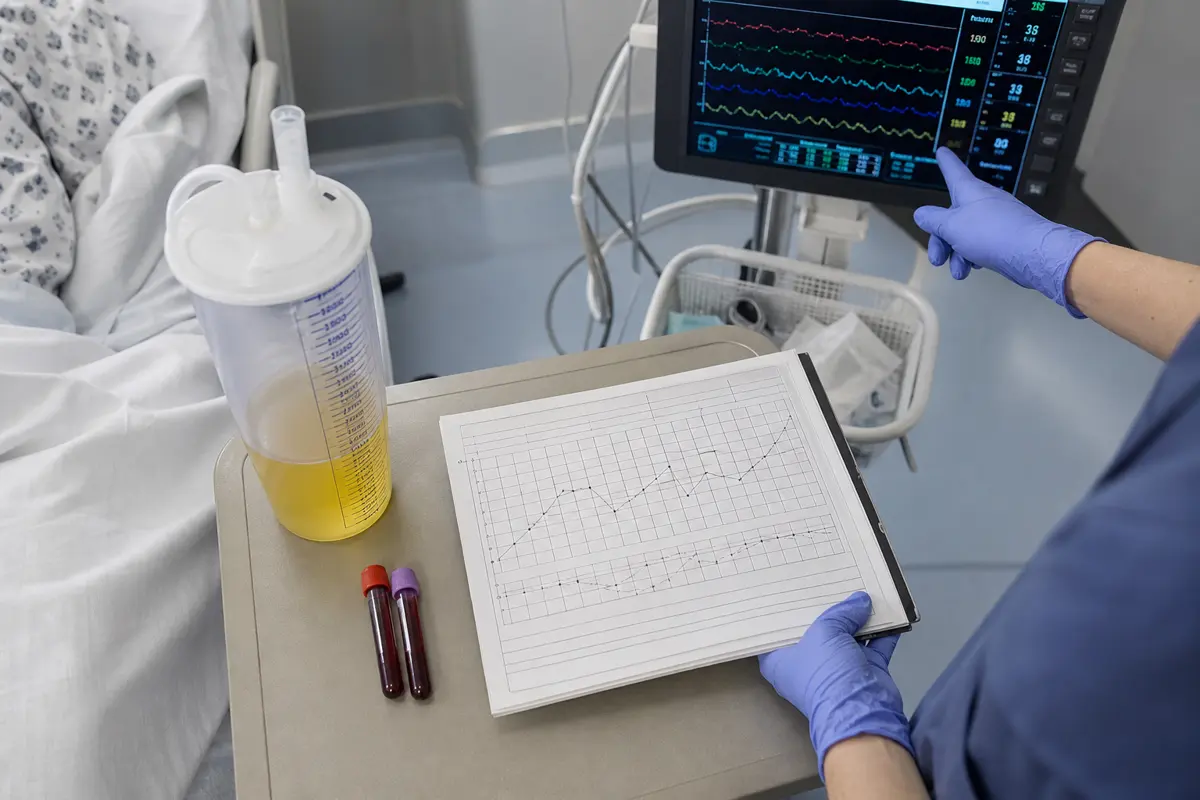 Clinical monitoring scene showing a urine-output chart, measured fluid balance, and kidney blood-test trend