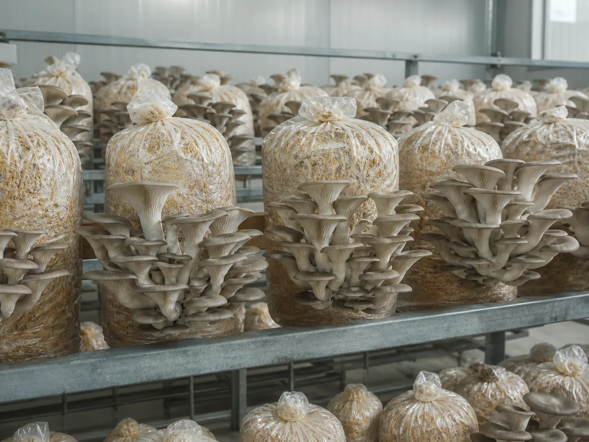 Gray Pleurotus ostreatus clusters fruiting sideways from clean cultivation blocks - cultivated oyster mushroom production