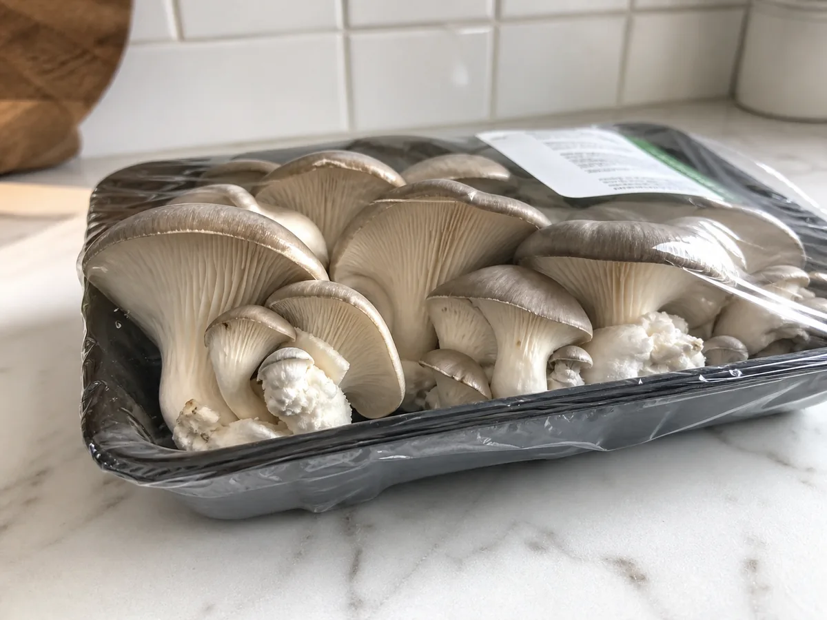 Fresh gray oyster mushroom cluster in a plain vented produce tray - oyster mushroom pregnancy safety