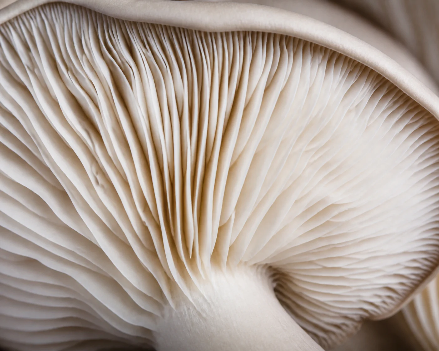 Macro of the white decurrent gills running down the underside of an oyster mushroom fan