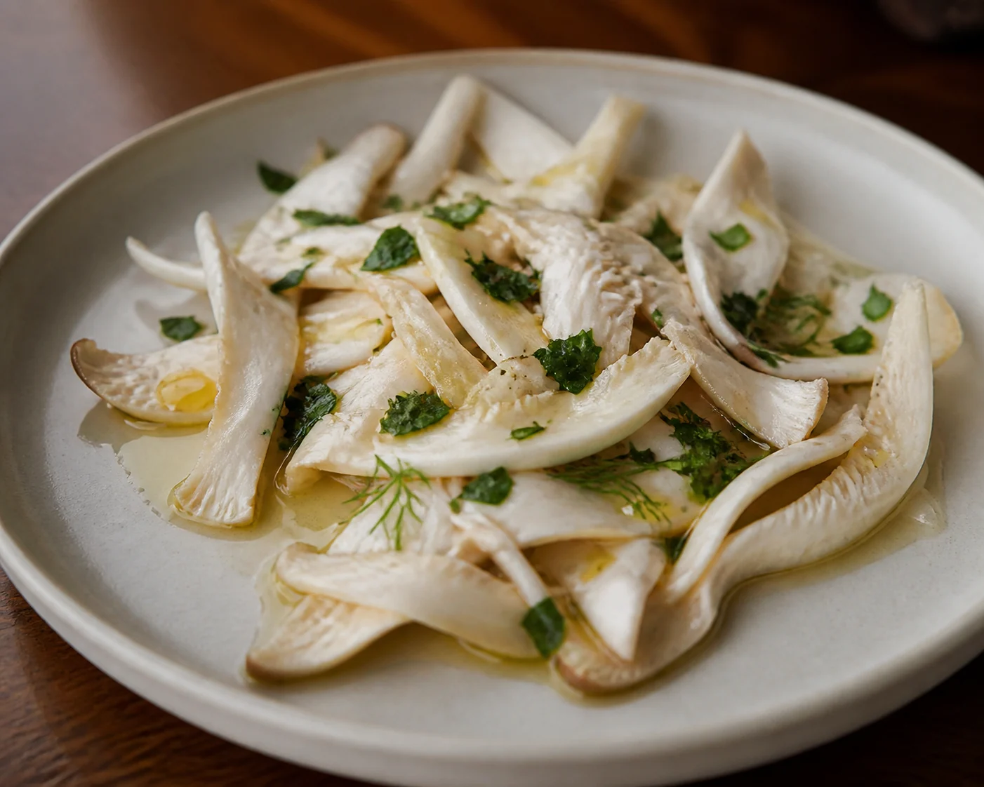 Thin raw oyster mushroom strips dressed with oil, lemon and scattered herbs on a plain plate
