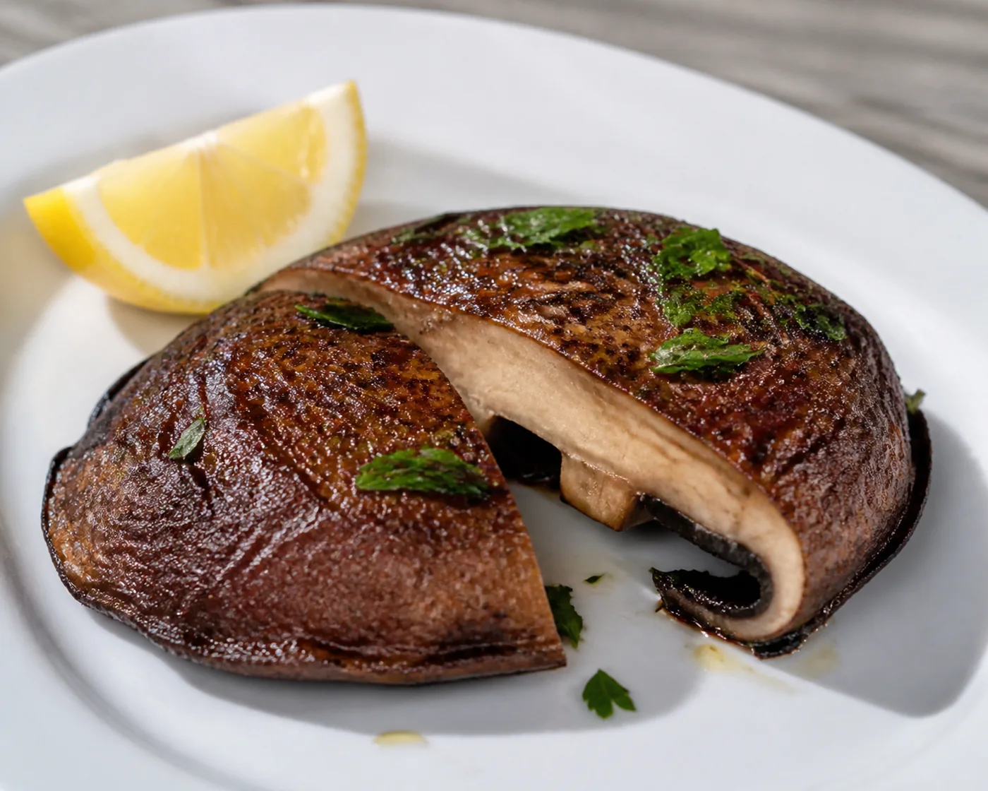 A cooked parasol mushroom cap plated whole and deeply browned with a lemon wedge beside it and one cut through showing the pale interior