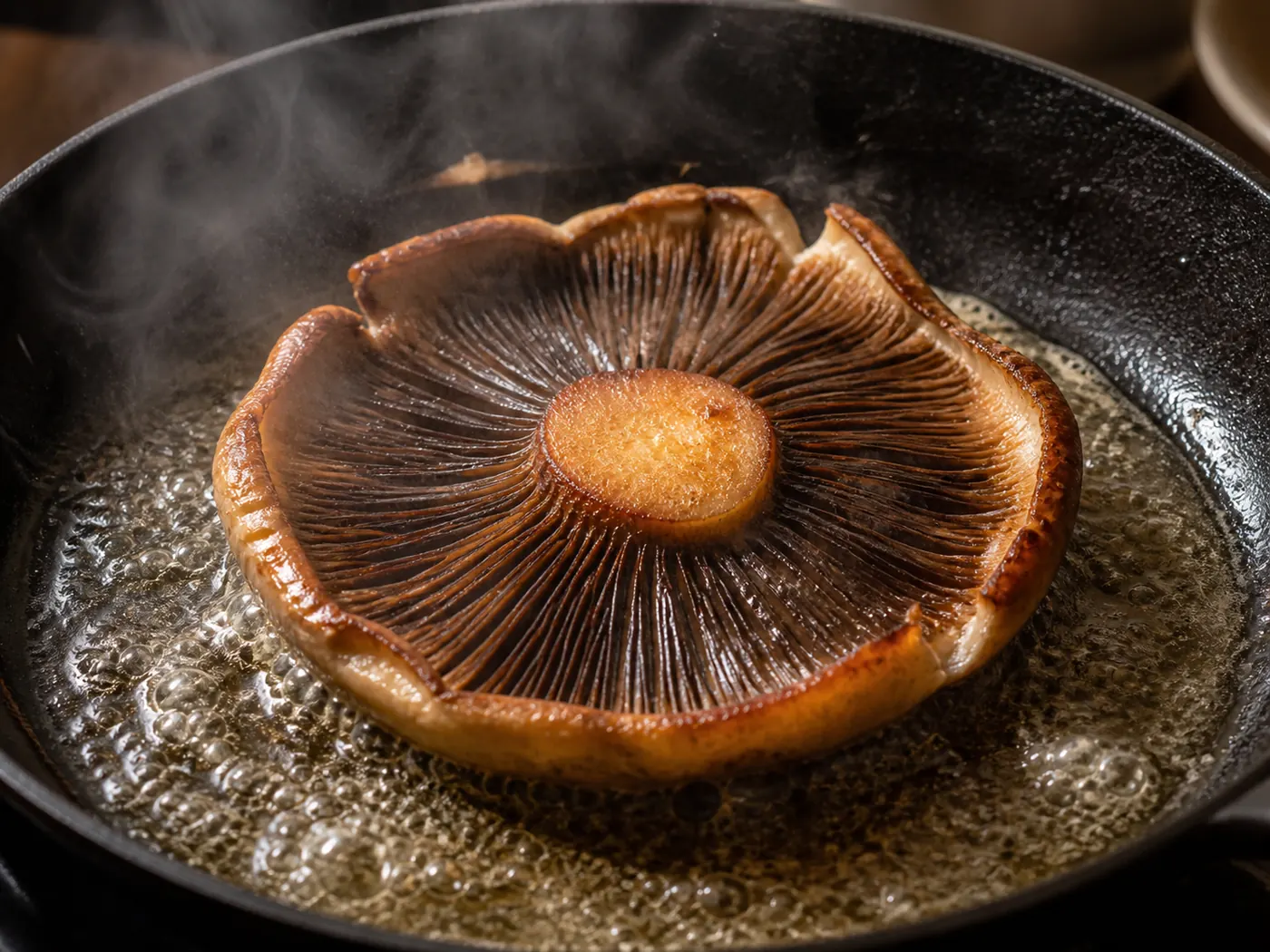 A whole parasol mushroom cap browning in butter in a wide skillet with its edges curling upward and steam rising