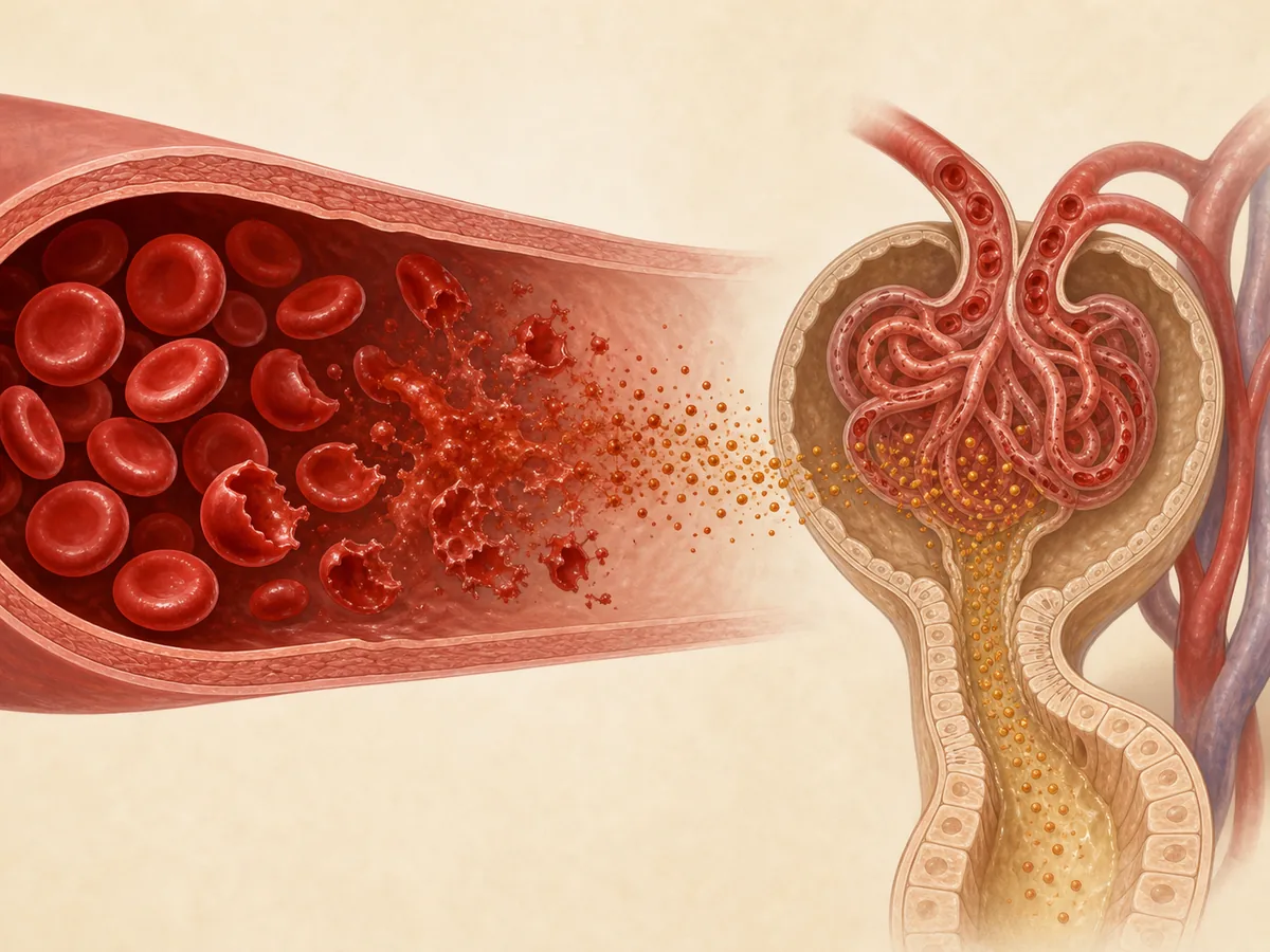 Medical cutaway showing red cells breaking inside a blood vessel and free hemoglobin reaching kidney filtration structures