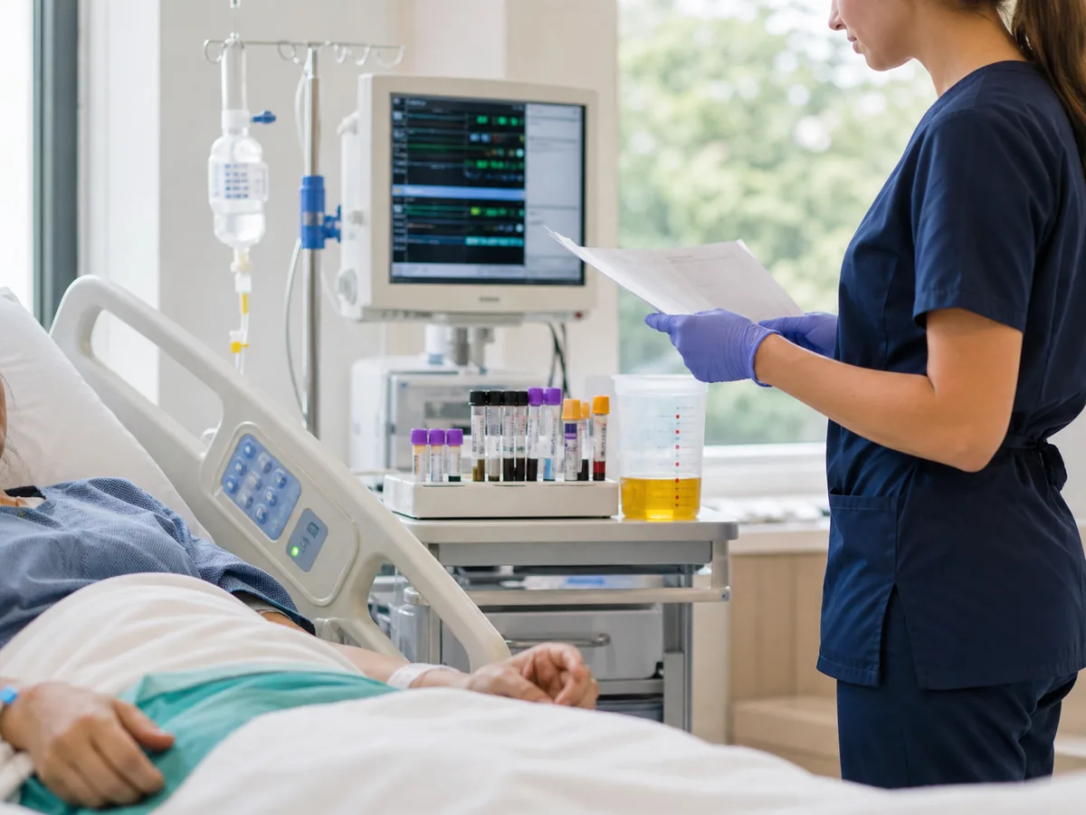 Calm hospital bedside with stable monitoring, urine measurement, laboratory tubes, and an awake patient