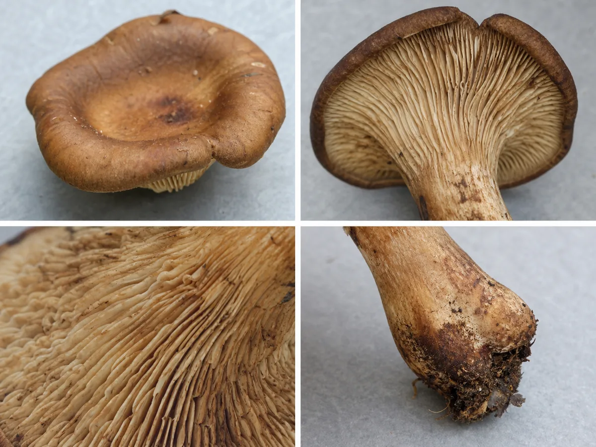 Macro details of a brown roll-rim cap margin, forked decurrent gills, brown bruising, and intact stem base