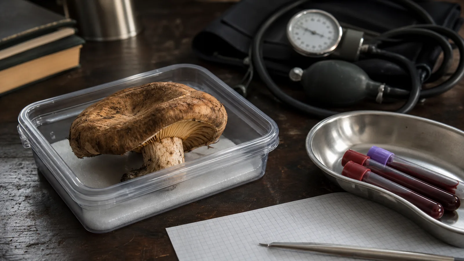 Brown roll-rim specimen beside blood and kidney monitoring evidence