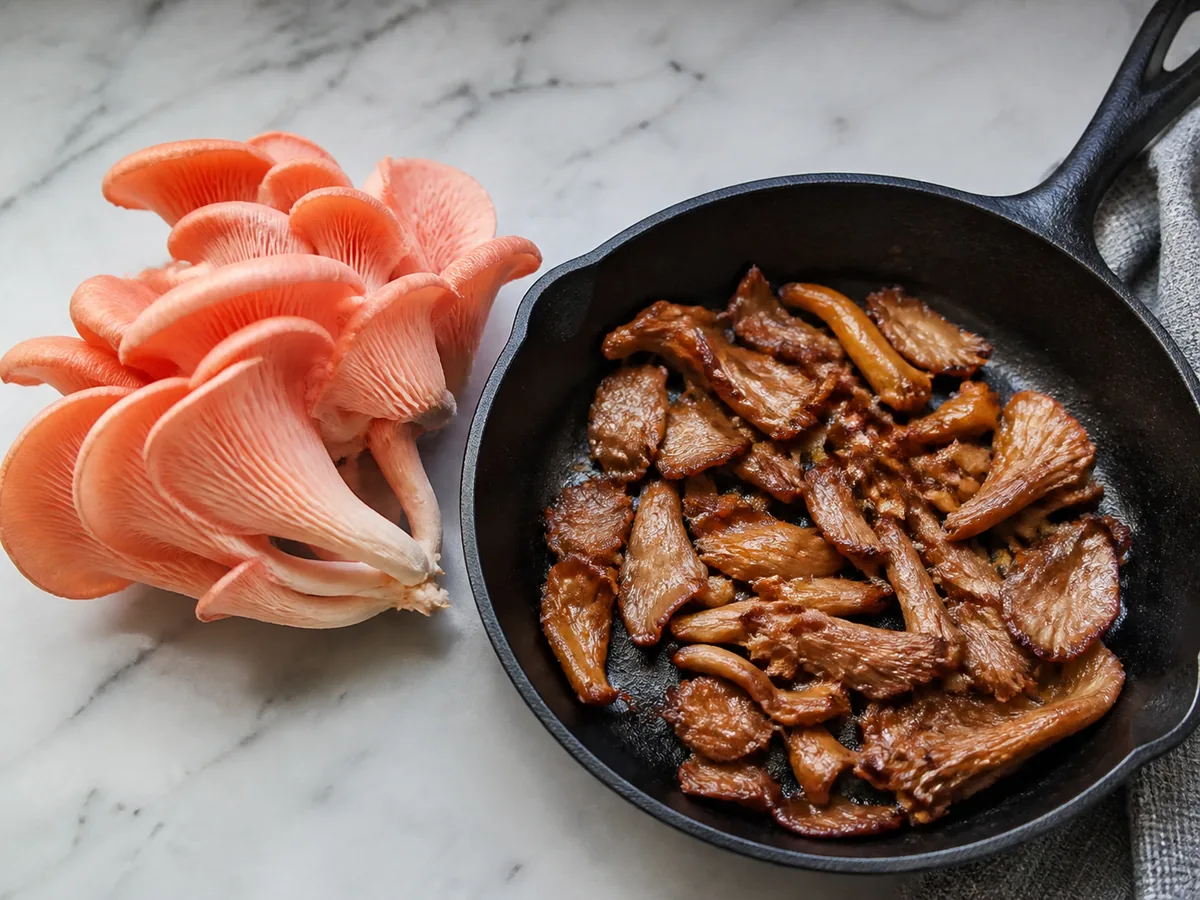 Cooked tan-pink oyster mushrooms in a skillet beside a few uncooked pink caps - pink oyster color after cooking