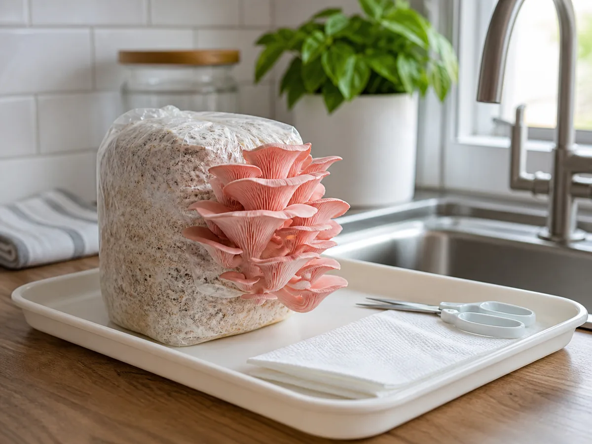Pink oyster grow block beside clean scissors, tray, and paper towel - pink oyster grow-kit hygiene