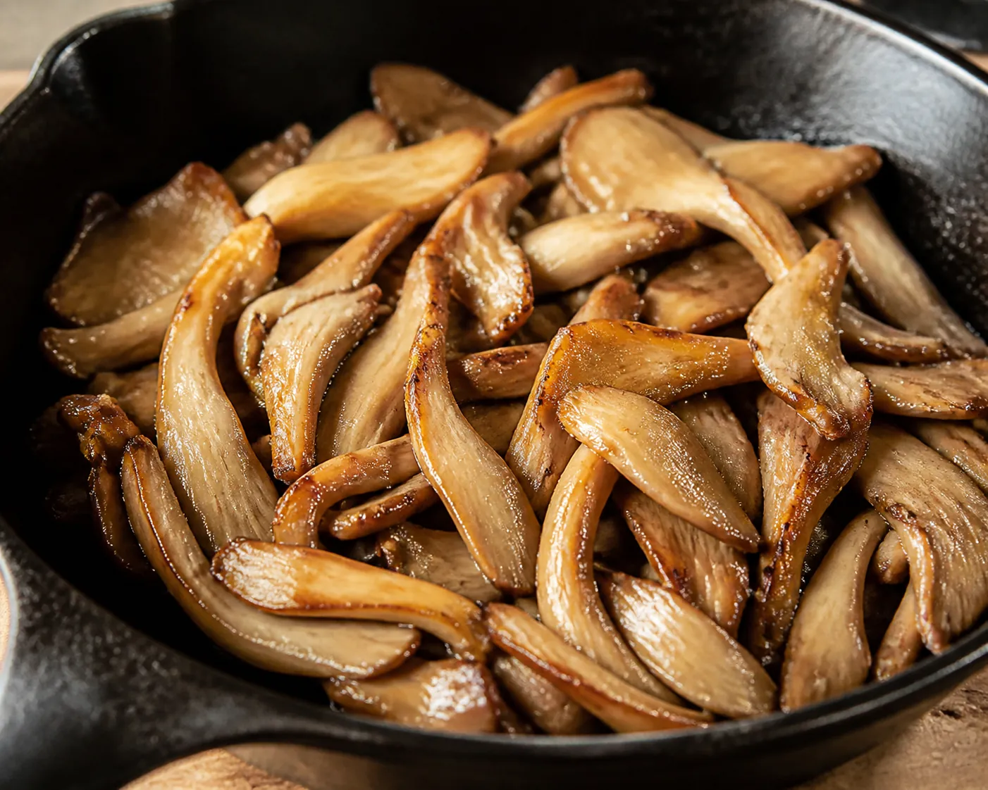 Strips of cooked oyster mushroom in a cast iron pan, browned at the edges and beige throughout with no pink remaining