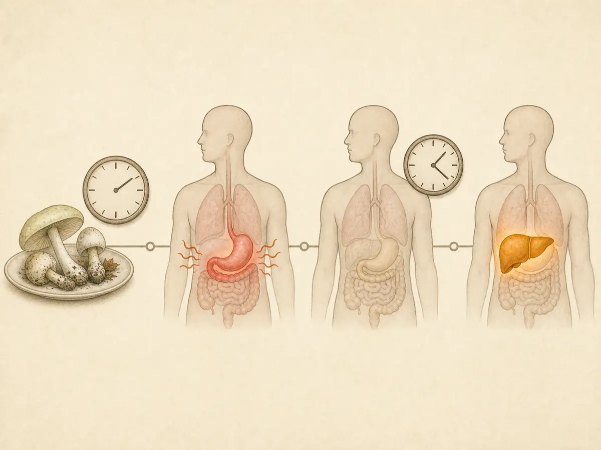Sequence from a wild mushroom meal to stomach illness, a quiet interval, and continuing liver injury - delayed mushroom poisoning
