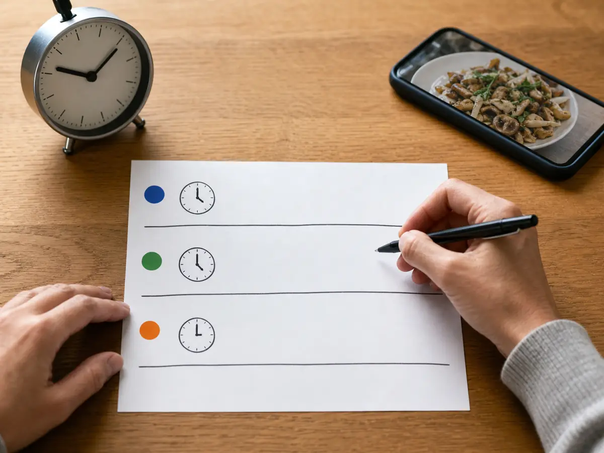 Hands recording separate symptom timelines for three people beside a clock and a mushroom meal photograph - mushroom poisoning symptoms
