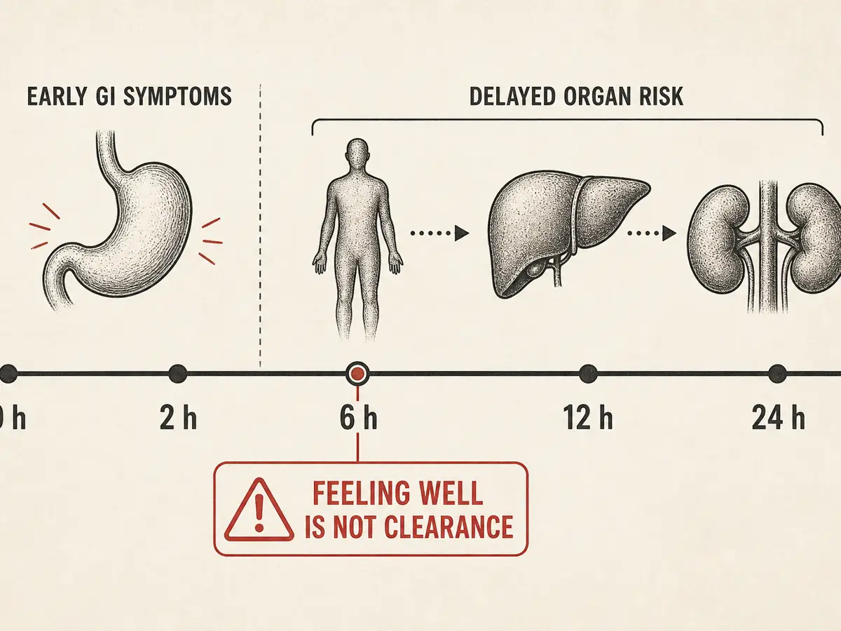 Timeline from exposure through early stomach symptoms and delayed organ risk