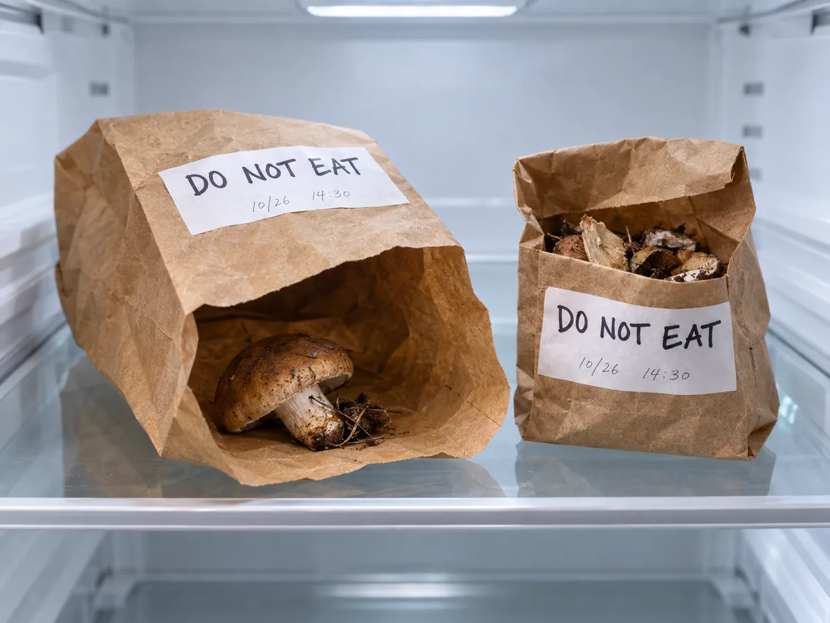 Two paper bags marked DO NOT EAT hold an intact specimen and fragments on a refrigerator shelf